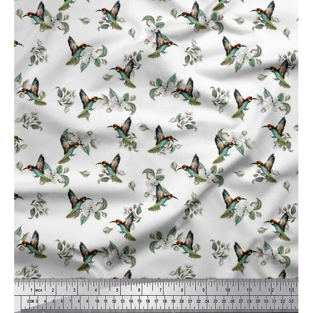Soimoi Rayon Fabric Leaves,White Floral & Hummingbird Print Sewing Fabric Yards 42 Inch Wide