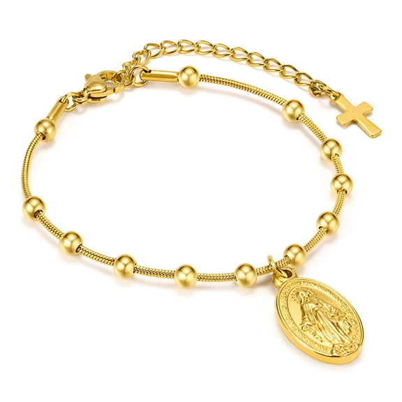 Women's Gold Virgin Mary Bracelet, 14k Gold Plated Catholic Rosary Bead Cross Bracelets, Non Tarnish Hypoallergenic Religious Baptism Virgen de Guadalupe Bracelets Jewelry Gifts for Her