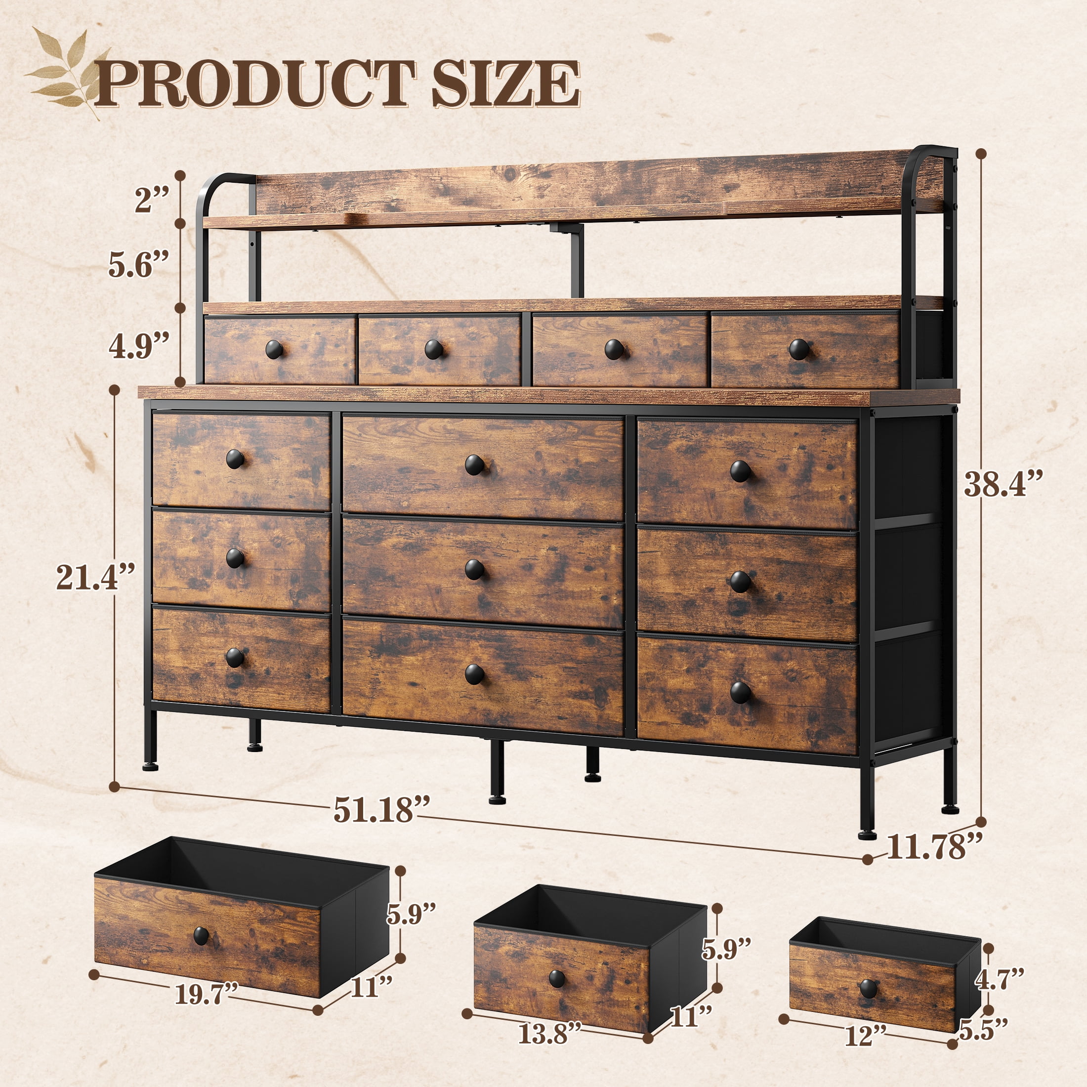 Dresser for Bedroom Long Dresser with 13 Fabric Drawers and Shelves for Closet with LED Light, Rustic Brown