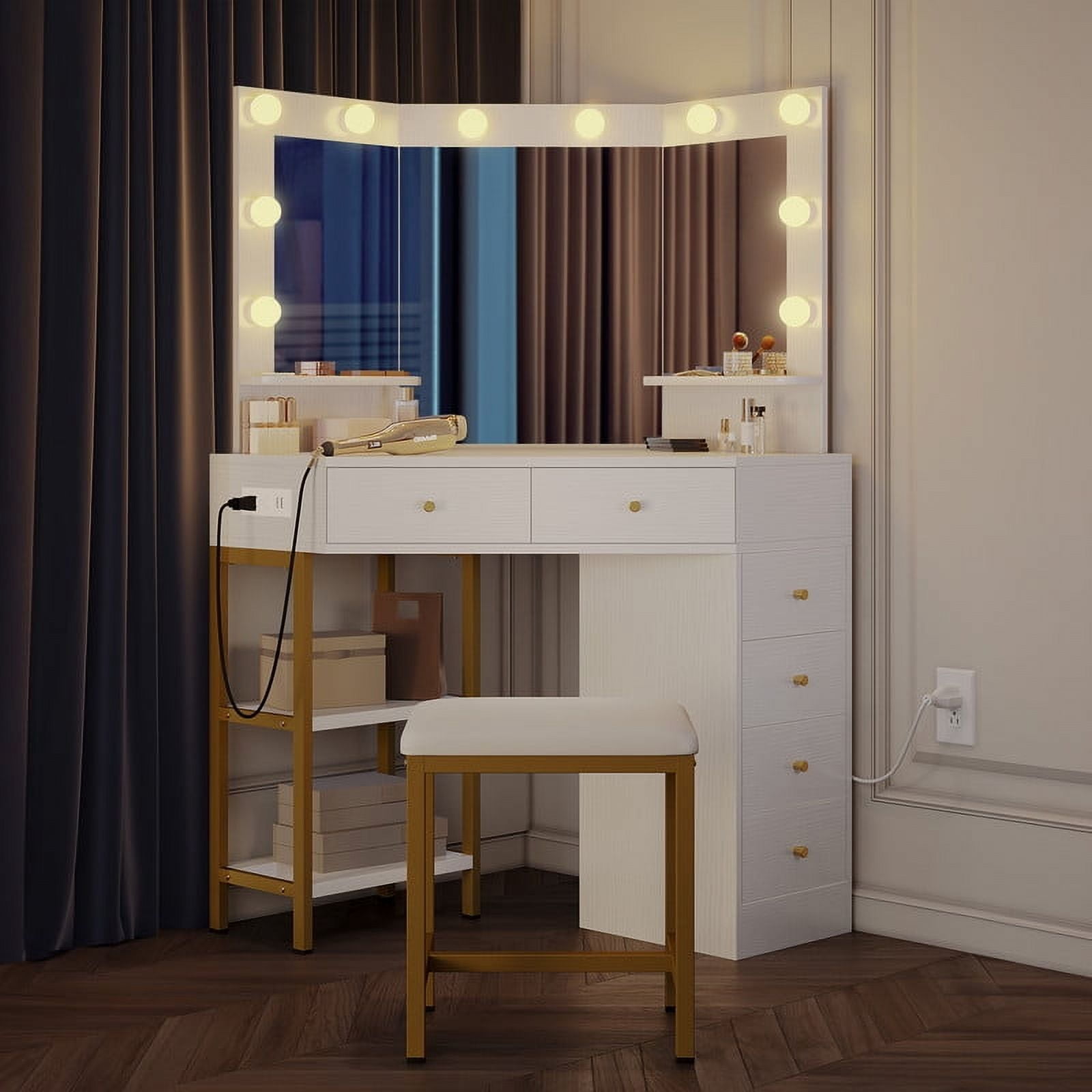 Uforic Corner Vanity Desk Set with LED Lighted Mirror and Charging Station, White, 6 Drawers