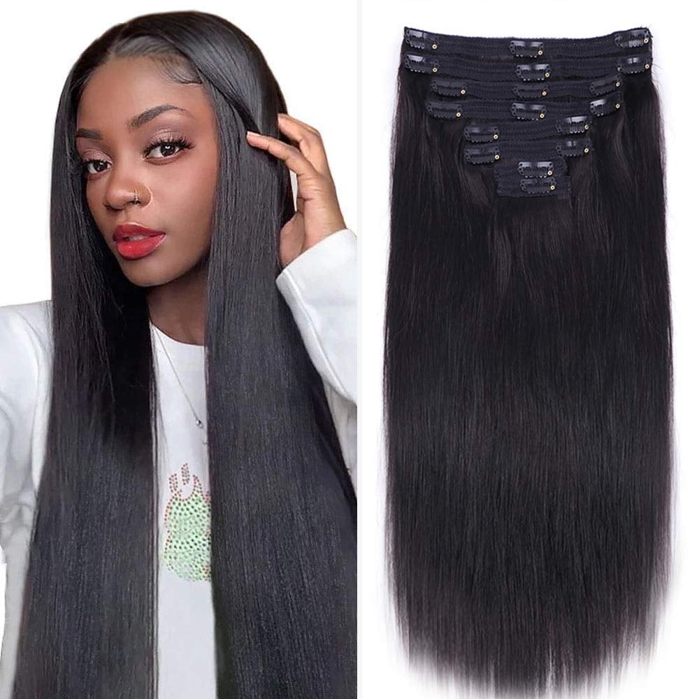 Nvnvdij Straight Clip in Hair Extensions Human Hair 8pcs Per Set with 18Clips Double Weft Clip in Human Hair Extensions Brazilian Virgin Human Hair Natural Black Color For Women 18 Inch Straight