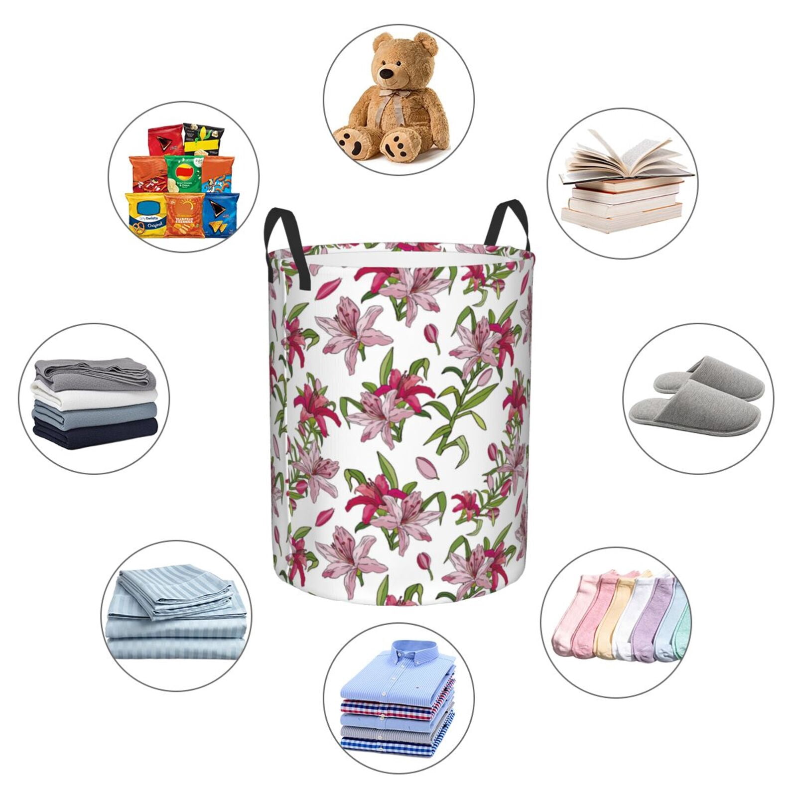 Large Laundry Basket with Handles - Red Pink Lilies Flowers Kids Baby Dirty Clothes Laundry Hamper for Bedroom Aesthetic