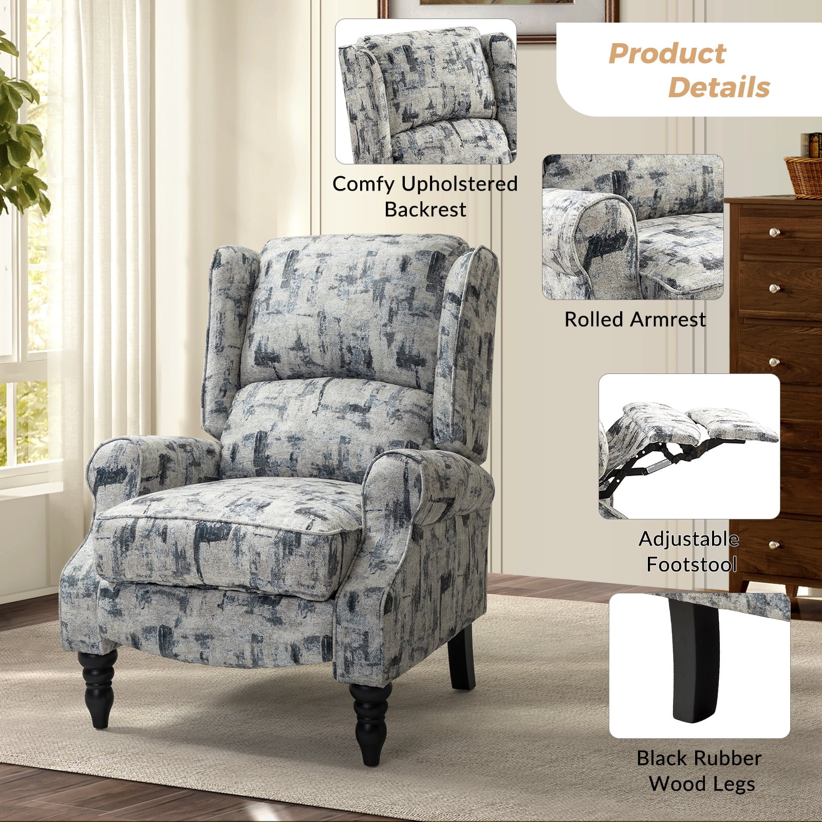 Vintage Floral Wingback Manual Push Back Recliner Chair Set of 2 for Living Room GREENGUARD Certified Grey