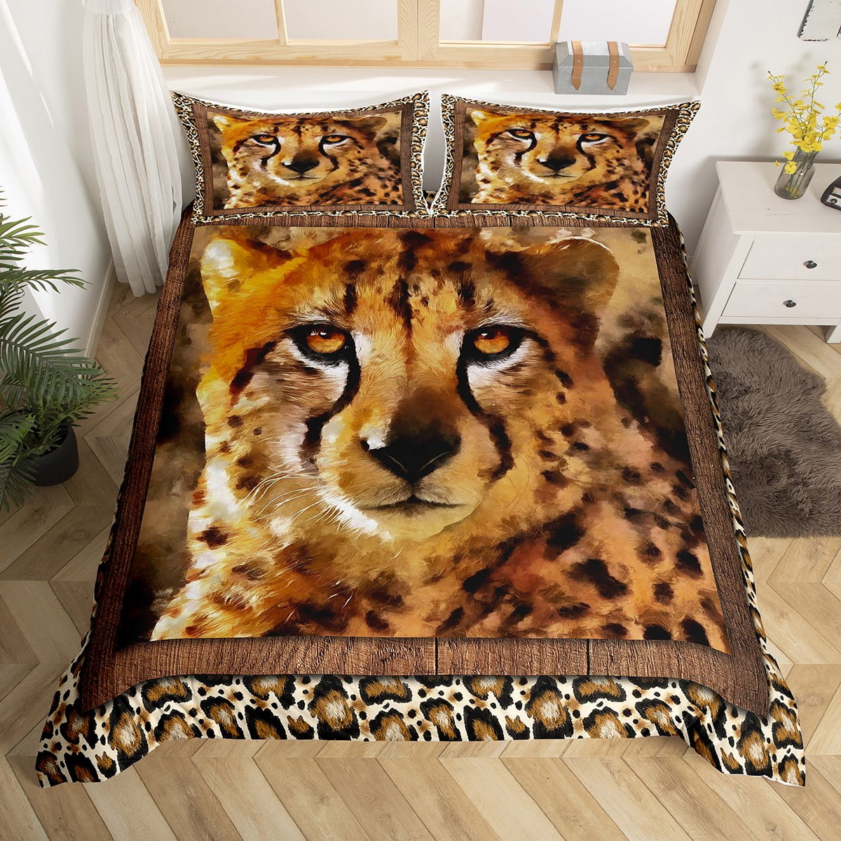 Leopard Print Comforter Cover Brown Cheetah Bed Set, Wild Safari Animal