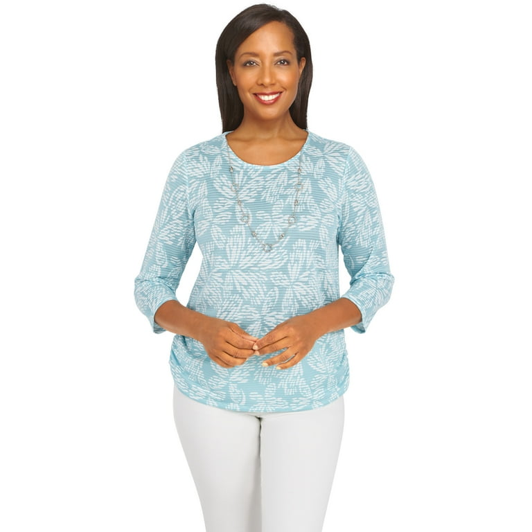 Alfred Dunner Womens Petite Floral Jacquard Butterfly Knit Top