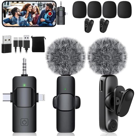 Mini Microphone,3 in 1 Lavalier Microphones for /iPad/Android/Camera(Lightning/USB/3.5 mm Jack),2 Pack Microphone with Mute/Noise for Video Recording Vlog,Youtube,