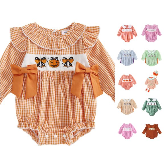 Bigetiay Baby Girl Halloween Outfit Long Sleeve Bodysuit Cartoon Print Party Outfit Bow Romper, Size 6-12 Months