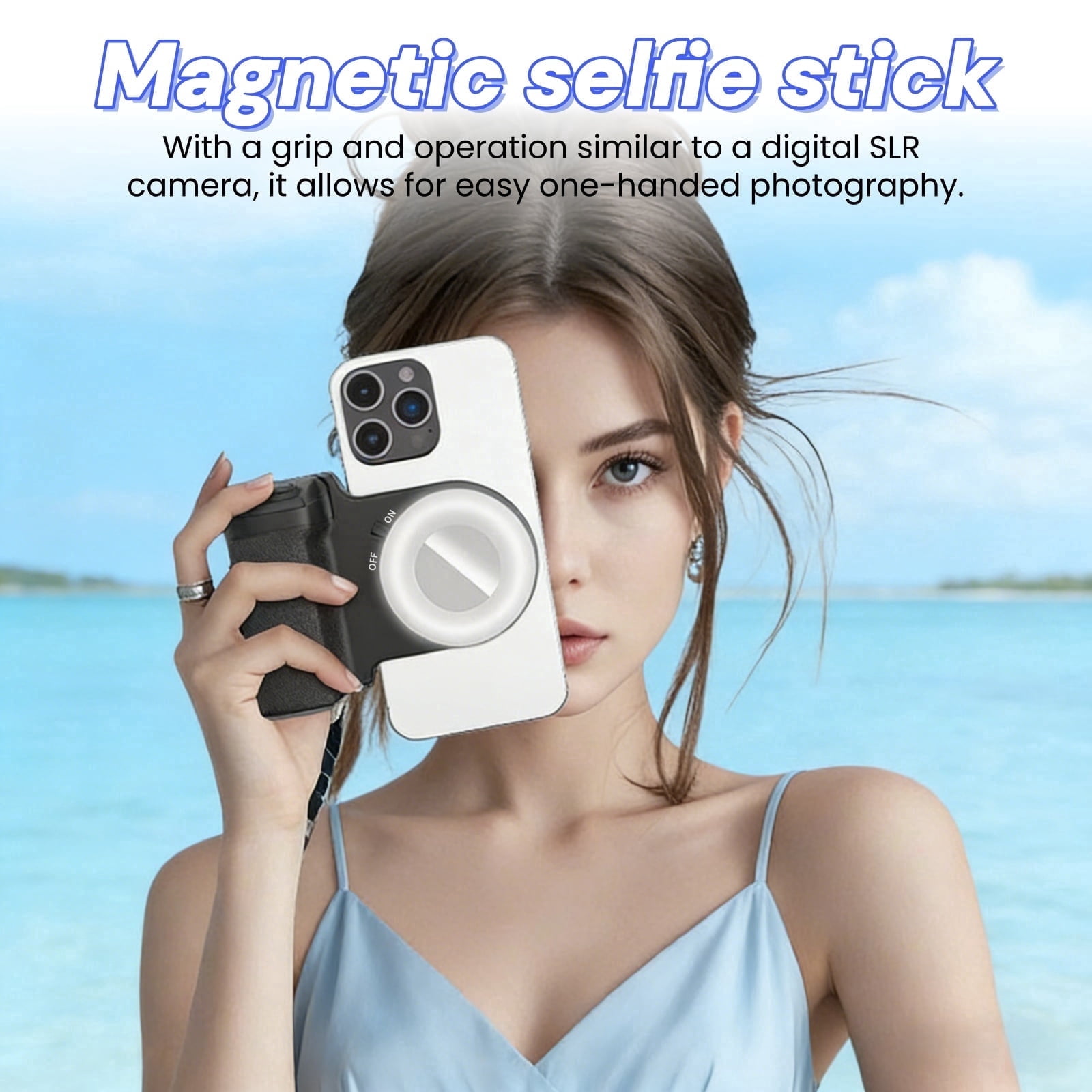 Upgraded Magnetic Bluetooth Camera Grip with Multi-Color Ring Light, Portable Wireless Remote Stabilizer Handle for iPhone & Android, Selfie Grip with Adjustable Brightness for Photography & Vlogging