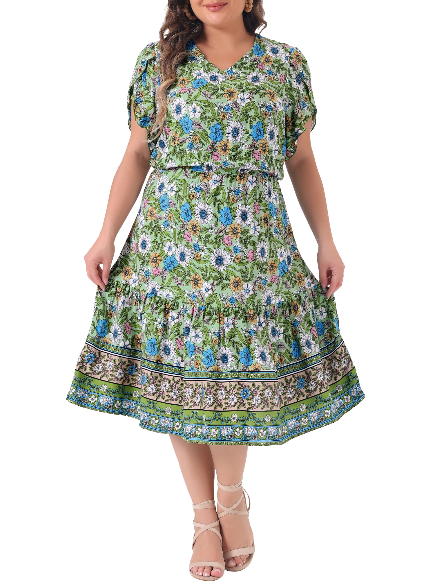 DARING DIVA Plus Size V Neck Short Sleeve Floral Midi Dress 3X Green