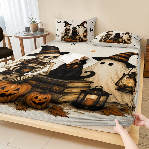 Twin XL Size Fitted Sheet Set - Vintage Halloween 2 Piece Bedding Sets 16" Deep Pocket Fitted Sheet with 1 Pillowcases, Skull Cat Cute Ghost Pumpkins Brushed Microfiber Hotel Luxury Bed Sheets