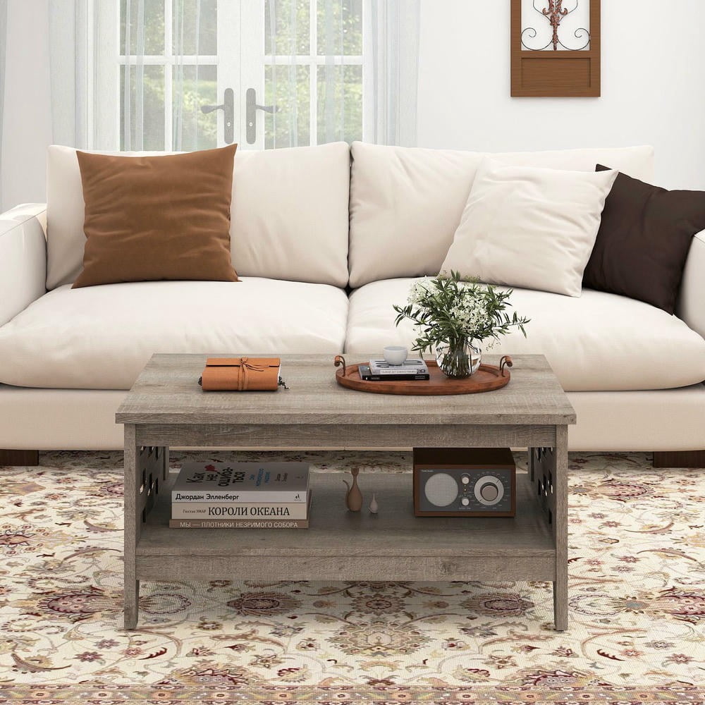 Kadyn 2-Tier Farmhouse Coffee Table with Open Shelf, Woven Decorations for Rustic Living Room, Cottage, Cabin Decor Center Table, Oak