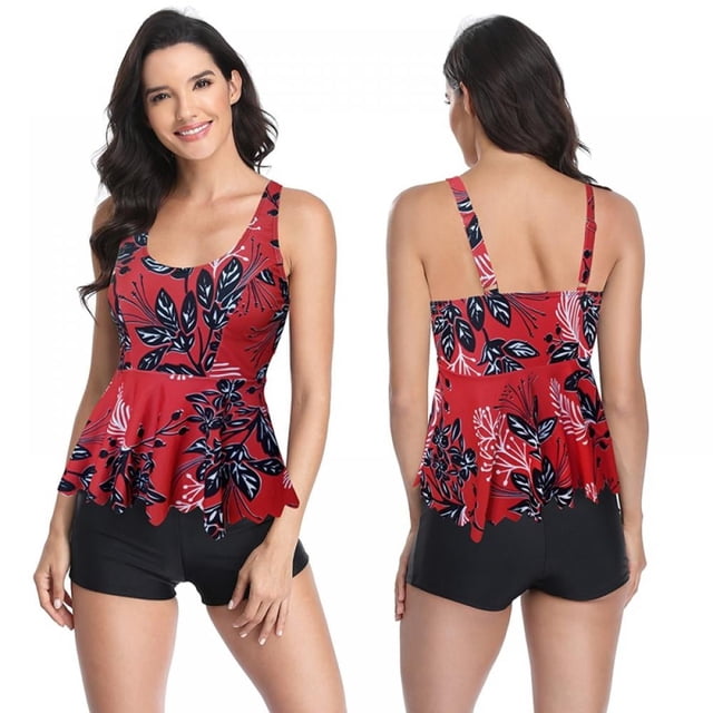 OUSITAID Ladies Print Ruffle Swimsuit Boxer Conservative Shorts Two-piece Bikini Swimsuit