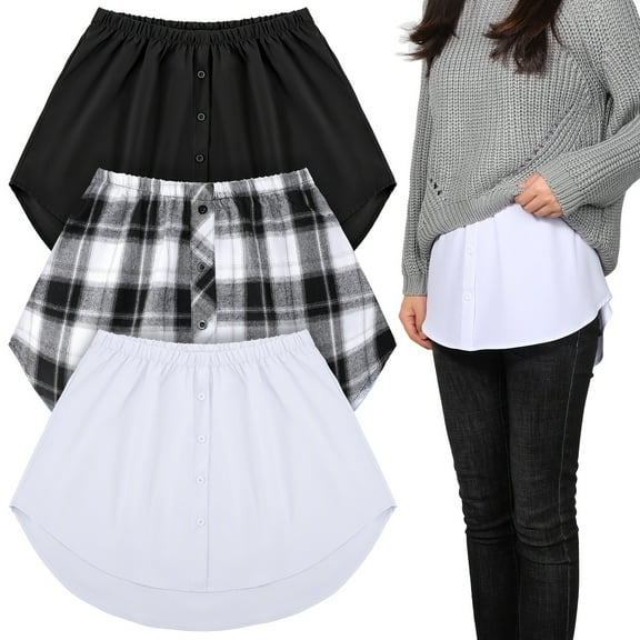 3 Pcs Adjustable Shirt Extenders for Women - Faux Layering Skirts, XL Size, Comfortable and Versatile (White & Black Plaid)