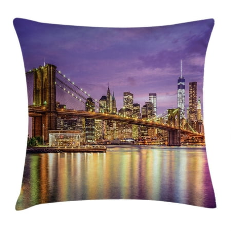 New York Throw Pillow Cushion Cover, NYC Exquisite Skyline Manhattan Broadway Old Neighborhood Tourist Country Print, Decorative Square Accent Pillow Case, 16 X 16 Inches, Purple Gold, by