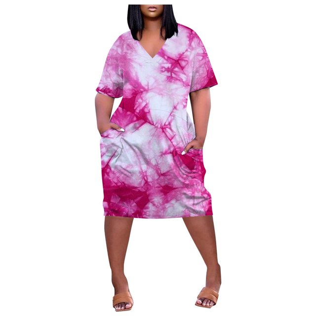 TSADFHJI Black Skirt Midi Women's Large Size Tie Dye Printed V Neck Comfortable Loose Dress Short Sleeved Knee Length Dress with Pockets Xl