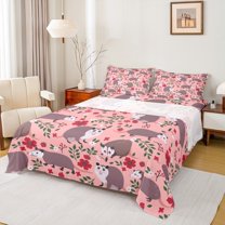 Homewish Wild Opossum Full Size Sheets,Retro Rustic Flower Bed Sheets,Gray Pink Red Sheet Sets For Boys Kids,Breathable Home Decor,4-Piece