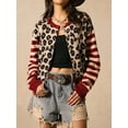 thumbnail image 5 of Women's Leopard Print Striped Patchwork Button Front Cropped Knit Cardigan Red S, 5 of 10