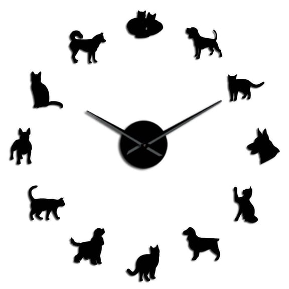 Various Cat and Dog Acrylic Simple DIY Wall Clocks Animal Dogs Cats Pets Companions Pet Shop Decor Wall Art Clock Creative Show(Black,27inch)