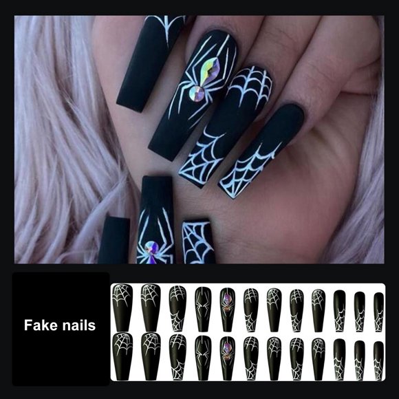 1 Set Halloween Spider Web Fake Nails with Glue Gothic Black Long Nail Extension Full Cover Home Salon Women Girls Acrylic Press on Nails Kit