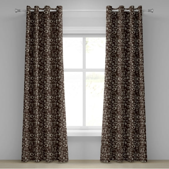 Ambesonne Brown and White Grommet Curtain, Doodle Tea Time, 50" x 120", Dark Brown and White