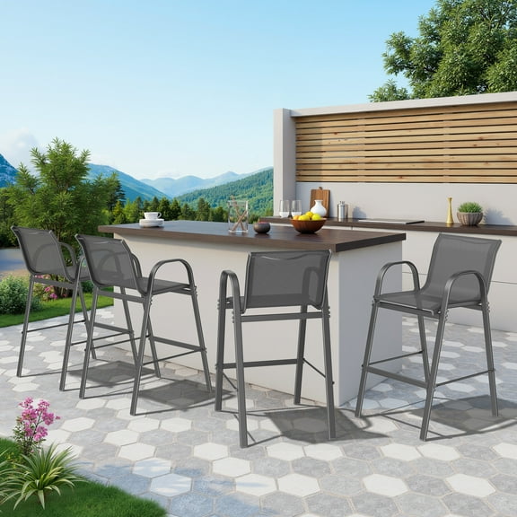 Dovov Outdoor Bar Stools Set of 4, Patio Bar Height Stool Outdoor Textilene Bar Chairs All Weather Patio Barstools for Garden Poolside Backyard Balcony Porch Lawn Deck, Gray