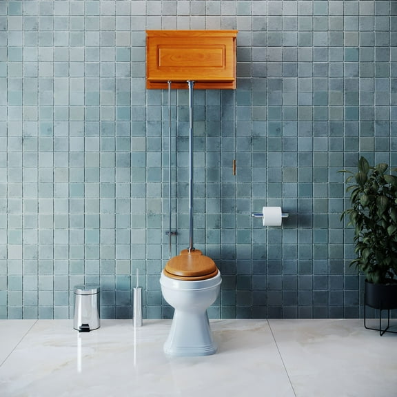 Renovators Supply High Tank Pull Chain Toilet w/Light Oak Wooden Raised High Tank 59" to 74" Adjustable Height Chrome Z Pipe and Round Toilet Bowl