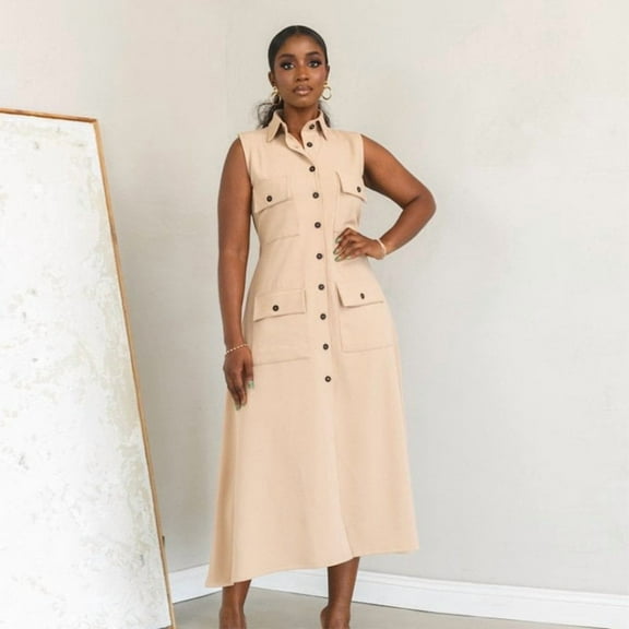 Sleeveless Button-Down Utility Maxi Dress (S, Beige)