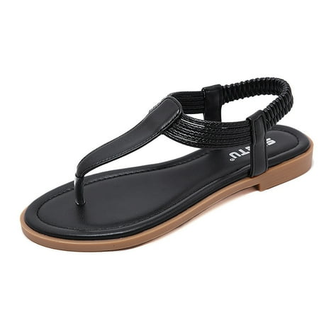 

HGWXX7 Womens Fashion Casual Flats Round Toe Flip-Flop Sandals Elastic Band Shoes For Women Black 38