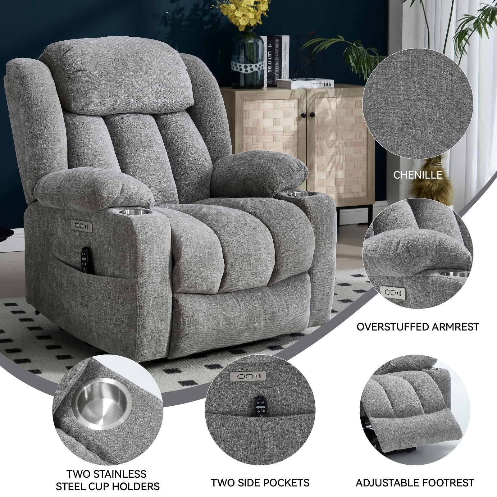 MAYEERTY Heavy Duty Beige Chenille Power Lift Recliner, 350lbs Massage Heat USB-C Cup Holders for Elderly 35"x29"x43"