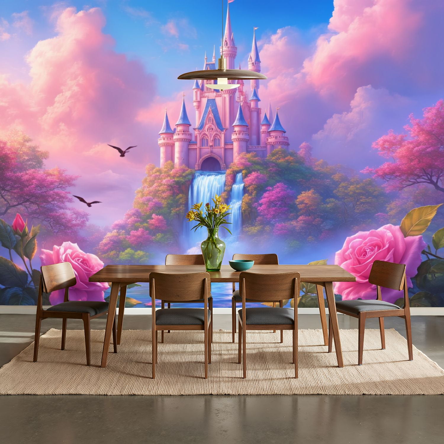 100"x144" Wall Mural Peel and Stick Wallpaper Fantasy Castle Waterfall Pink Clouds Dreamy Landscape Wall Decor Self Adhesive Removable Wall Stickers for Bedroom Living Room