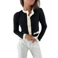 thumbnail image 2 of Women'S Contrast Trim Long Sleeve Button Front V Neck Cardigan Black L, 2 of 9