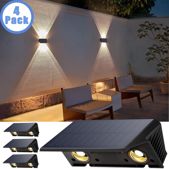 Hoyiours Solar Fence Lights Outdoor Waterproof, 4-Pack Up/Down Solar Wall Lights for Garden Deck Patio, Warm White