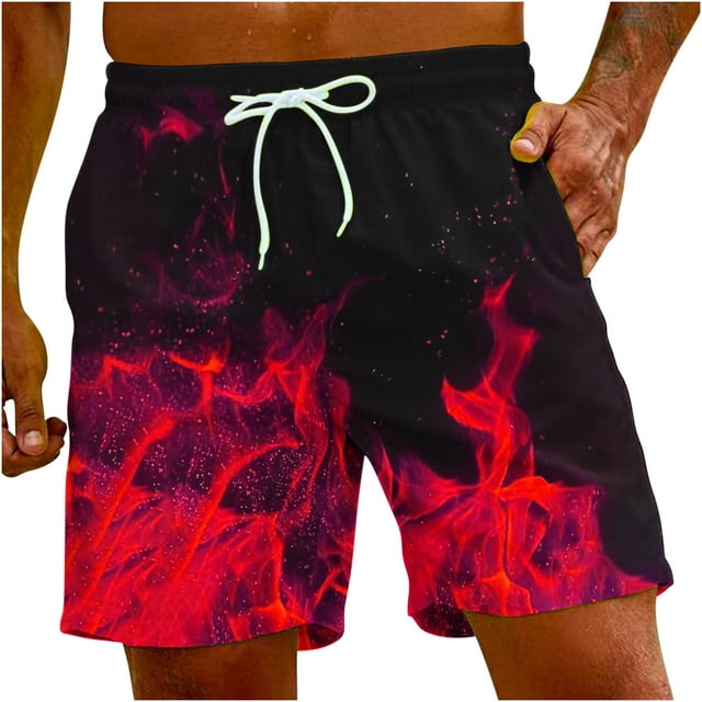 Penkiiy Shorts de Carnaval, Shorts de Basketball pour Hommes Shorts de Sport Décontractés Imprimé Graphique en Maille Flamme Short de Course 2TG Rouge