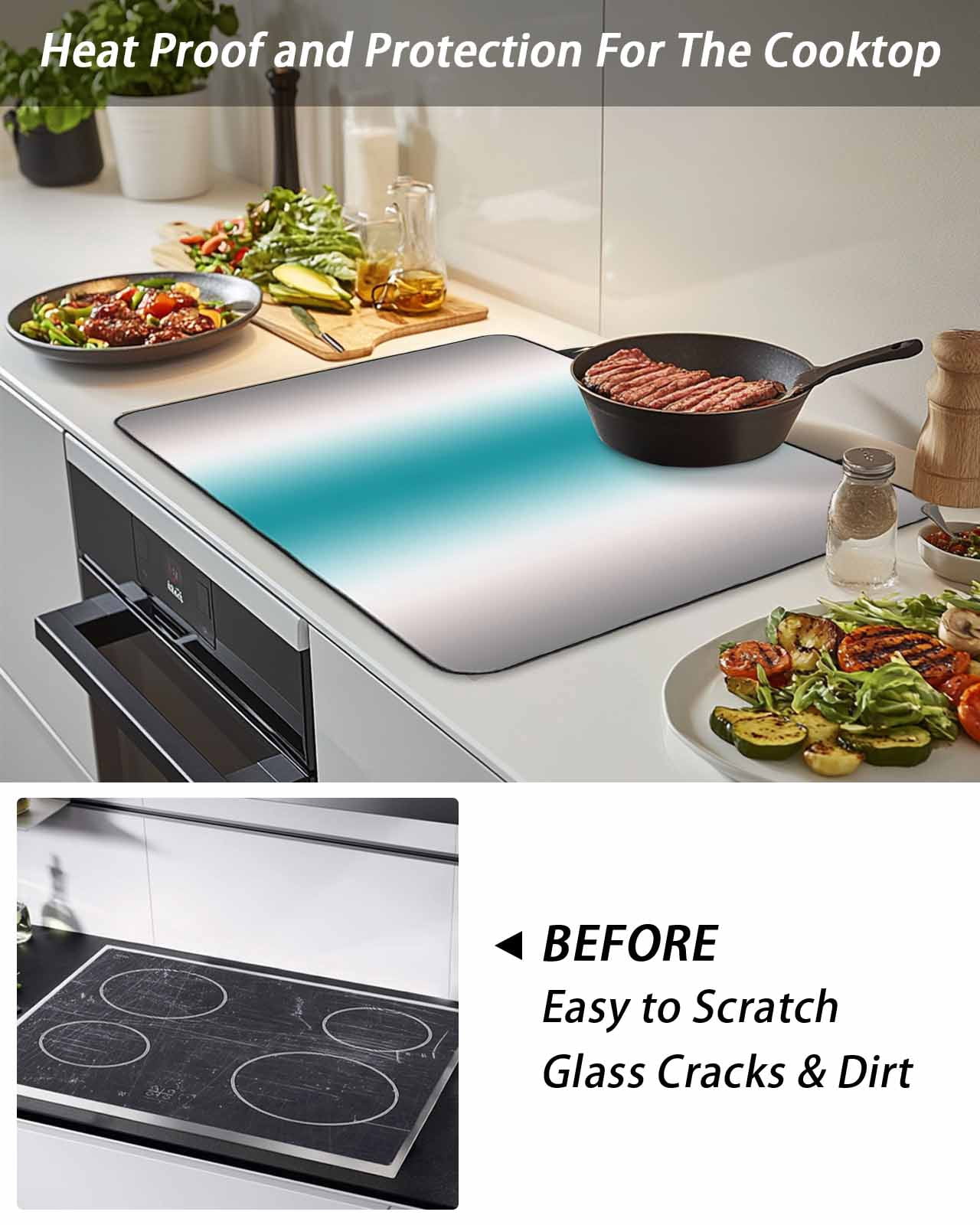 Stove Top Covers for Electric Stove, Turquoise Gray Ombre Glass Stovetop Cover Protector, Farmhouse Teal Gradient Modern Art Induction Cooktop Protector Oven Mat for Kitchen Countertop 36"x21"