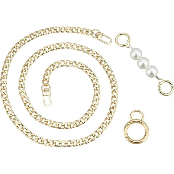 1set 4pcs Short Long Purse Chain StrapSet 39.3" Golden Flat Iron Bag Chain 5.3" Pearl Beaded Purse Handle O Rings for Handbag Clutch Shoulder Crossbody Tote Bucket Golden