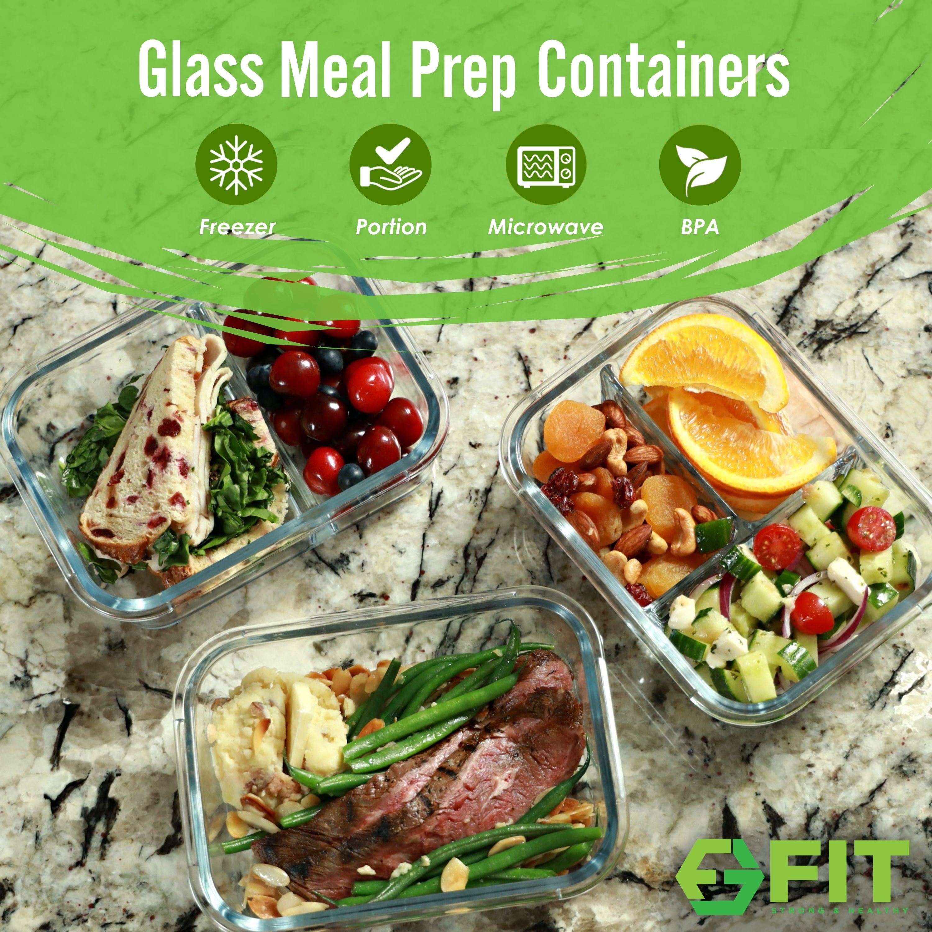 Portion Perfection Portion Control Container Glass Meal Prep Containers Lunchbox 3pk, Weight-Loss for Adults, Heat Proof, 3 Compartment + Lids, Pra