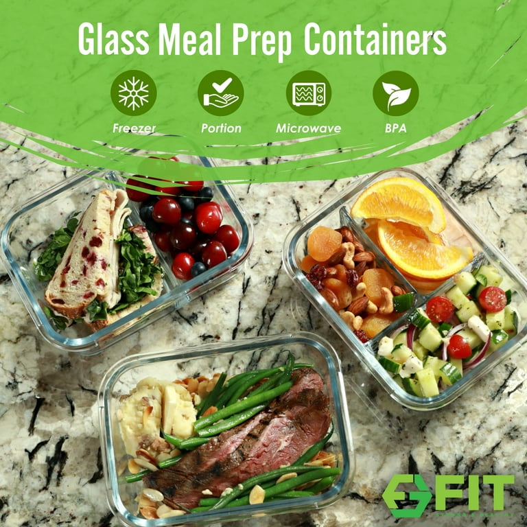 1 & 2 & 3 Compartment Glass Meal Prep Containers (3 Pack, 35 Oz)- Food  Storage Containers with Lids, Portion Control, BPA Free, Microwave, Oven  and