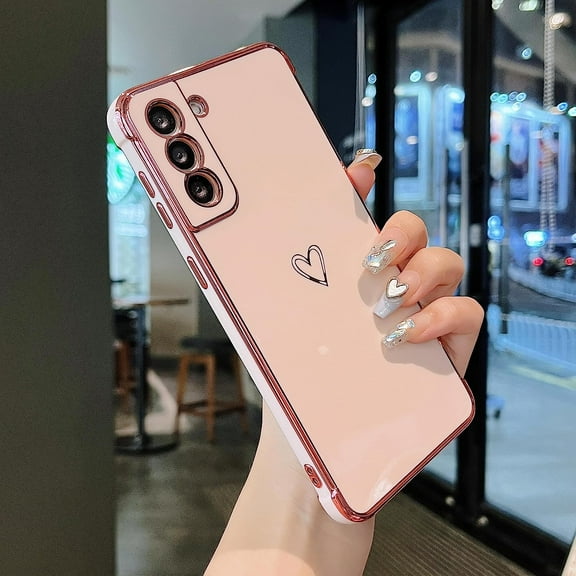 Samsung Galaxy S22 Plus 5G Case,Cute Plating Edge Love Hearts Pattern with Camera Lens Protection Phone Cover for Galaxy S22 Plus 6.6",Pink