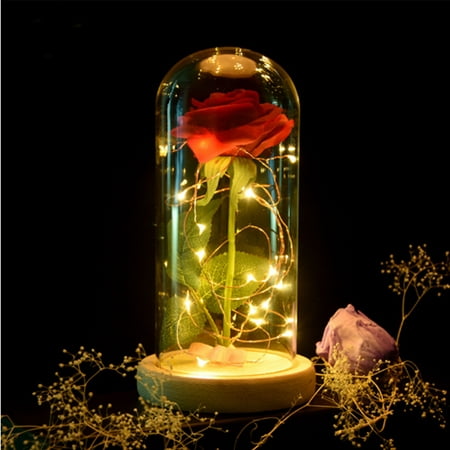 1Pcs Valentine's Day Beauty And Enchanted Preserved Fresh Red Rose The Led Light Beast Glass Cover + LED Light Unique Gifts, Log
