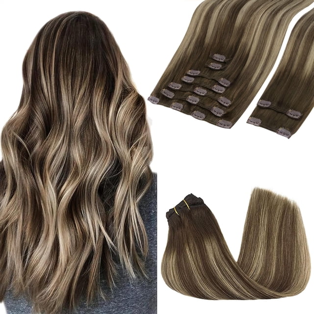 extensiones de cabello con clip, cabello humano real, extensiones de cabello humano remy con clip para mujeres, cabell — montaje en cuatro vistas que muestra tiras Remy color marrón con clips de presión cosidos; vista de modelo con cabello largo ondulado para referencia de caída, mechón liso para detalle de textura y la unión cosida de los clips. Apto para añadir longitud y volumen y a menudo usado para peinados temporales.