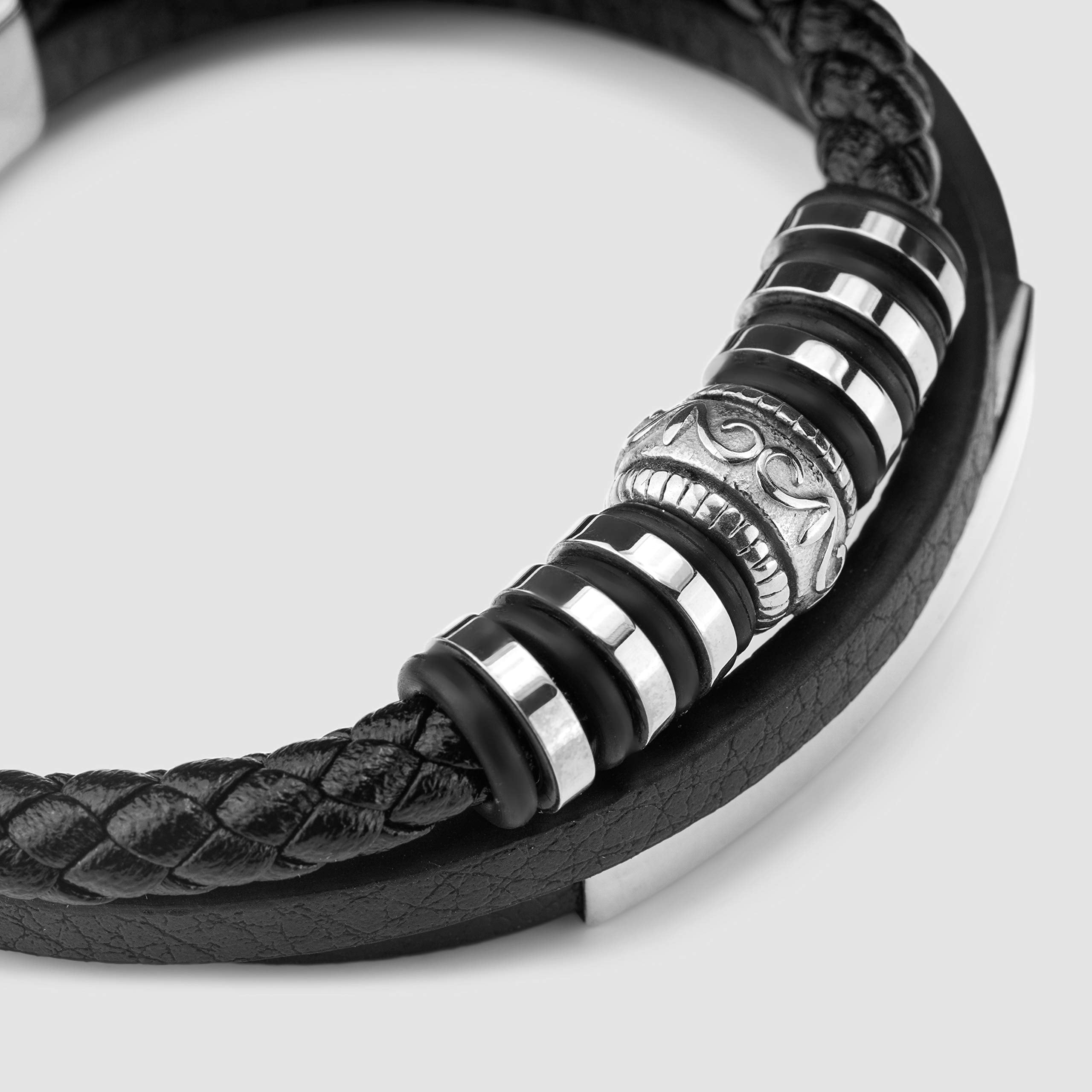 SERASAR Leather Bracelet for Men "Shine" with stainless steel magnetic closure, Silver 20cm, including gift box