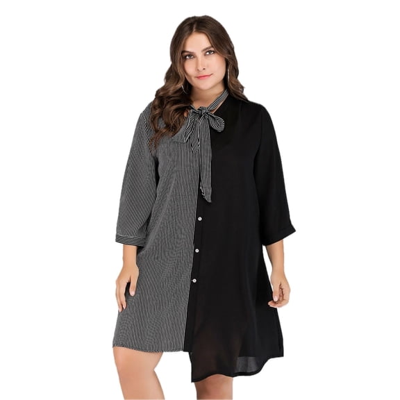 Women's Plus Size Striped Color Block Tie Neck Dress Casual Sixty five percent polyester thirty five percent cotton