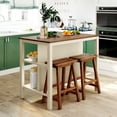 thumbnail image 2 of Solid Wood Rustic 3-Piece 45" Stationary Kitchen Island Set with 2 Dining Stools, Rubber Wood Butcher Block Dining Table Set, Prep Table Set with 2 Open Shelves for Small Places, Walnut+Cream White, 2 of 7