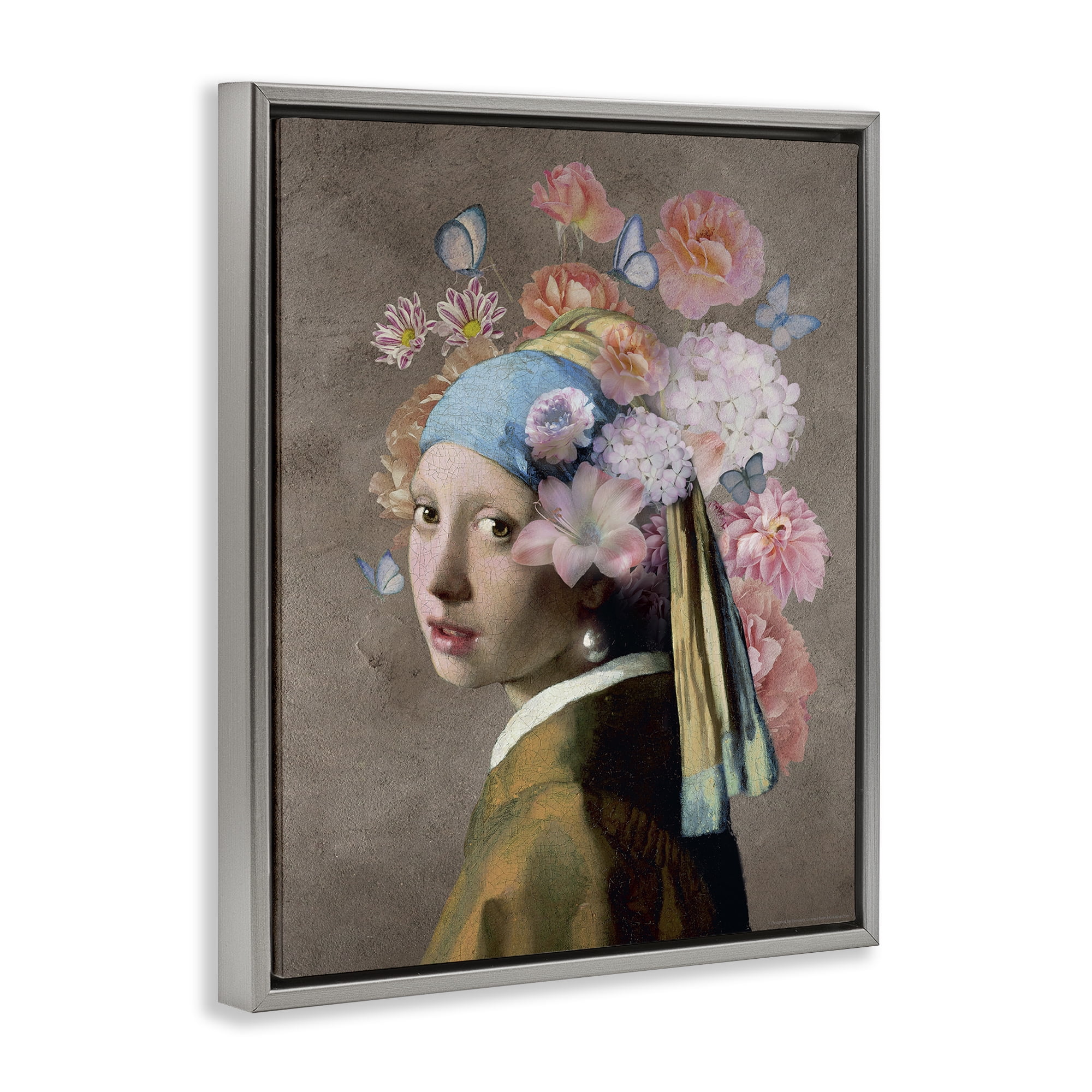 Stupell Industries Classic Portrait with Flowers Plants & Flowers Painting Gray Floater Framed Canvas Art Print Wall Art, 25 x 31
