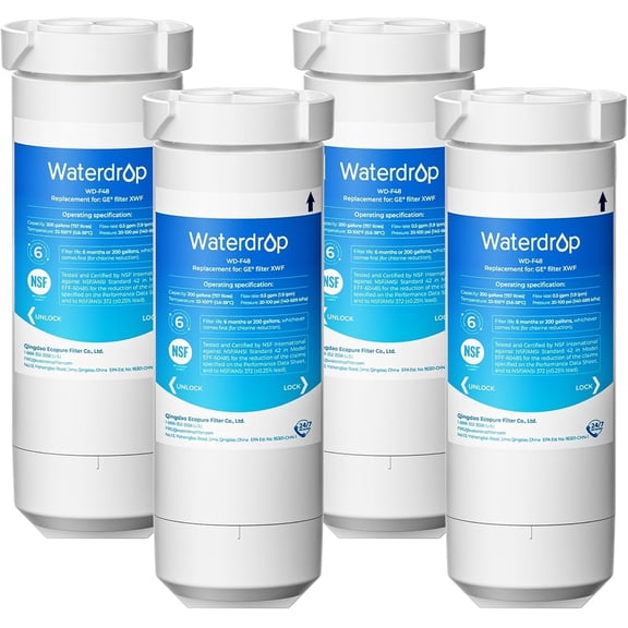 Waterdrop XWF Refrigerator Water Filter, Replacement for GE® XWF, WR17X30702, NSF 42/372 Certified, Compatible with GE® GNE27, GFE26, GDE25, GSS25, PSE25 Series Refrigerators, 4-Pack (Not XWFE)