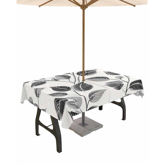 nqOlkjepod Black Grey Leaves Outdoor Tablecloth with Umbrella Hole & Zipper, Vintage Botanical Branches Rectangle Table Cover 54x80 Inch, Dining Waterproof Table Cloth Protector for Patio/Party