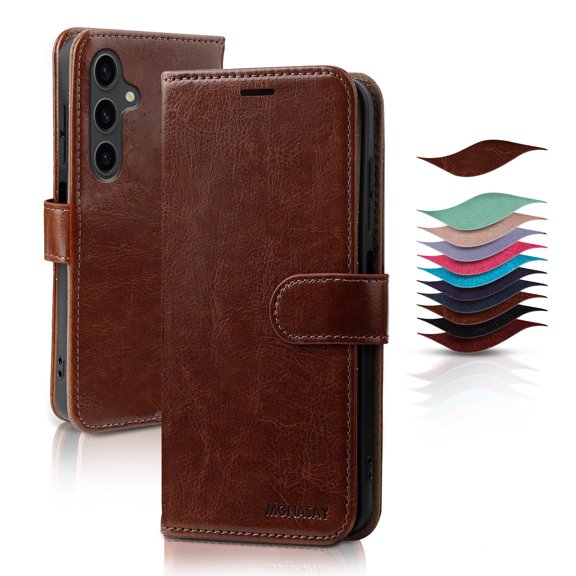 MONASAY Wallet Case Compatible for Samsung Galaxy A15 , [Included Glass Screen Protector][RFID Blocking]Flip Folio Leather Cell Phone Cover with Credit Card Holder, Brown
