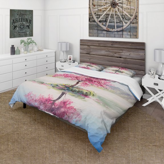 Designart 'Sakura on the Lake' Landscapes Duvet Cover Set