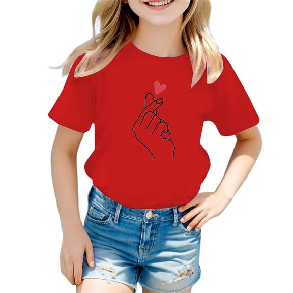 WMQPNNS Kids Girls Short Sleeved Tops Girls Summer Tops Size 14-16 Casual Loose Cowl Neck Tunic Tops Soft Comfy Blouse Cute Print Summer Graphic Tee, Size 7-8 Years, Red