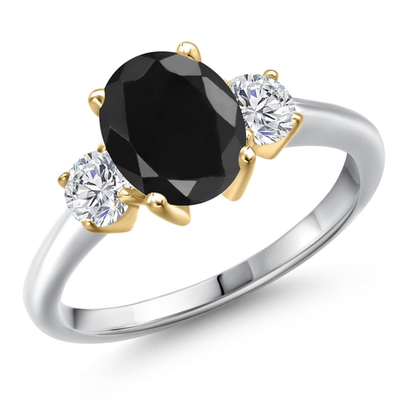 Gem Stone King 10K Two Tone Gold Black Sapphire and Lab Grown Diamond 3-Stone Engagement Ring for Women | 3.04 Cttw | Oval 9X7MM | Gemstone September Birthstone (Size 9)